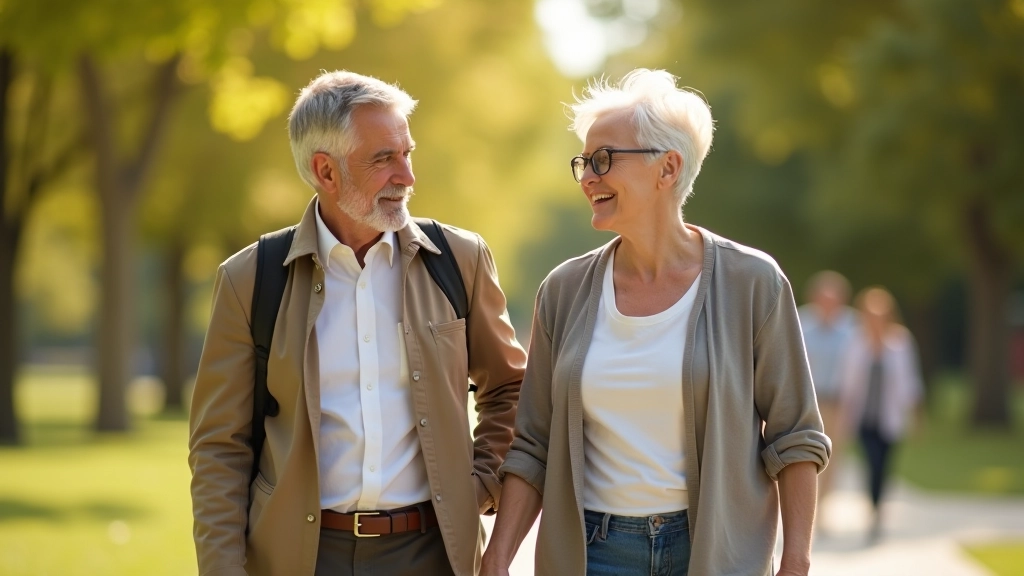 Retired couple walking together in park, relaxed conversation, natural outdoor setting, genuine connection