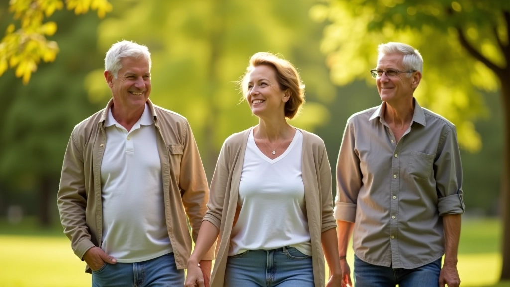 Group of mature adults in casual clothing walking together through a park, natural green setting, sunlight filtering through trees, friendly conversation