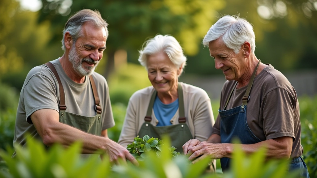 Diverse group of older adults in volunteer setting, working together on community project, purposeful activity