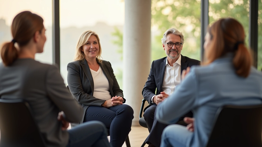 Group of people in discussion in bright modern space, collaborative learning environment, diverse ages