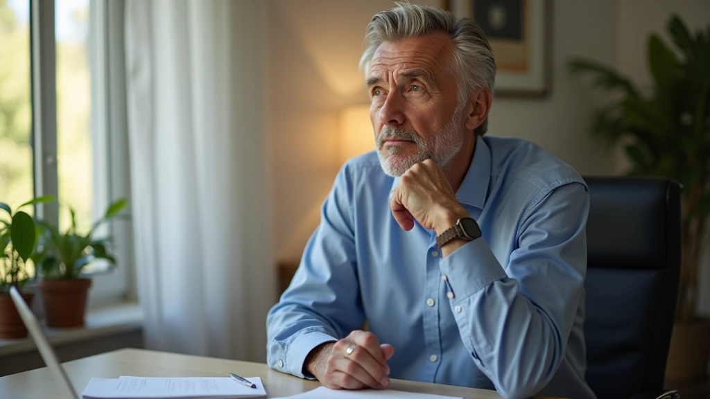 Man in his 50s looking thoughtfully out a large window at city skyline, morning light, sitting in modern office chair, contemplative posture