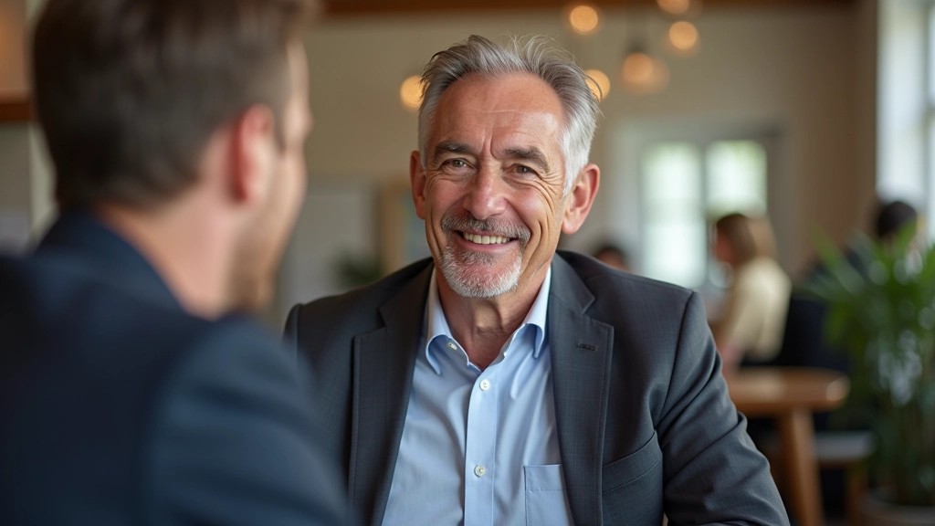 Man aged 52 in casual shirt, having conversation with another person, both smiling, bright indoor setting, collaborative atmosphere, natural lighting