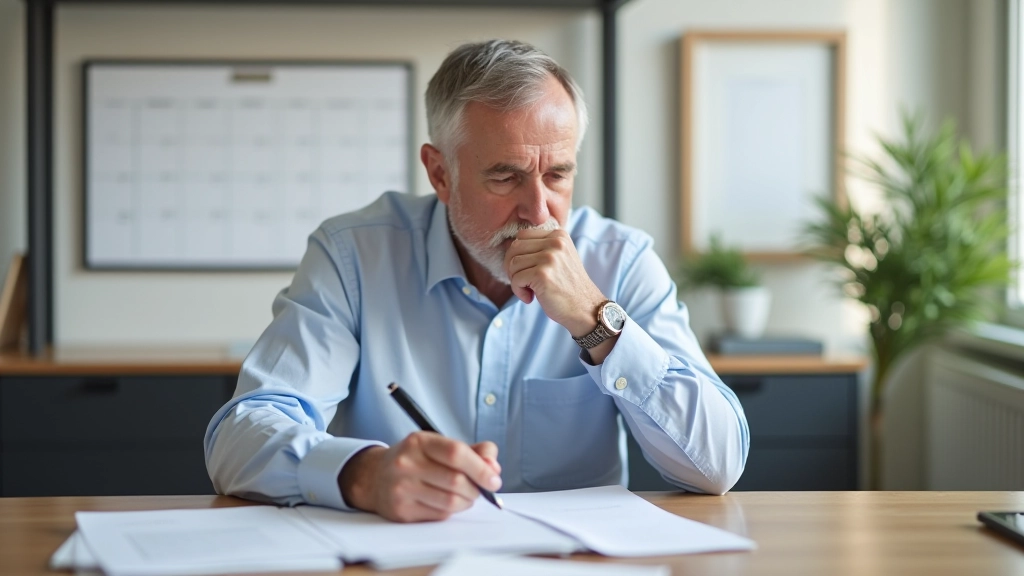 Man aged 52 in professional casual attire, planning and organizing, natural lighting, home office