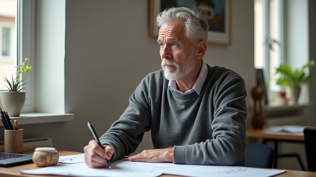 Man aged 55 sitting at wooden desk surrounded by personal projects, photographs, and creative materials, thoughtful expression, morning light