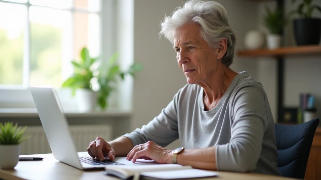Person at laptop with journal and coffee, planning and organizing, natural light from window, home office environment, organized workspace, peaceful setting