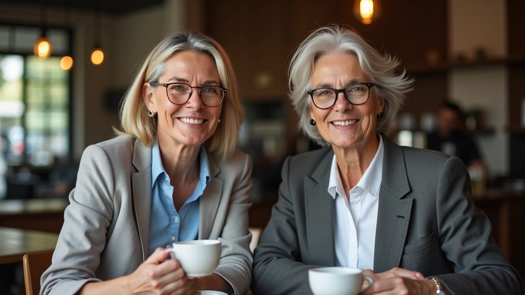 Two people having a conversation in a bright, modern coffee shop, warm natural lighting, focused and engaged discussion