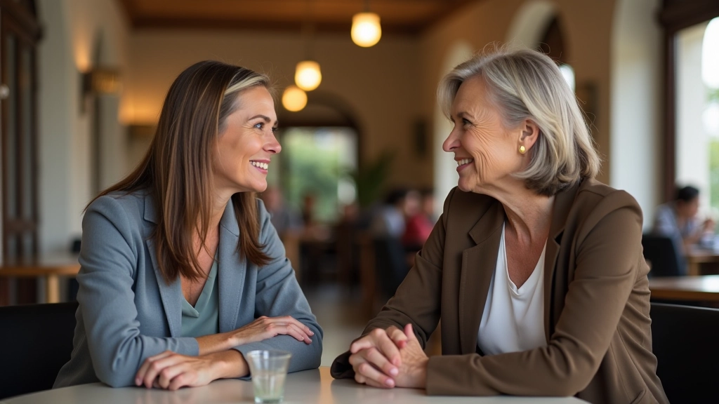 Two women aged 50s in professional casual attire, sitting across from each other in conversation, warm coffee shop setting, natural afternoon light, genuine connection visible