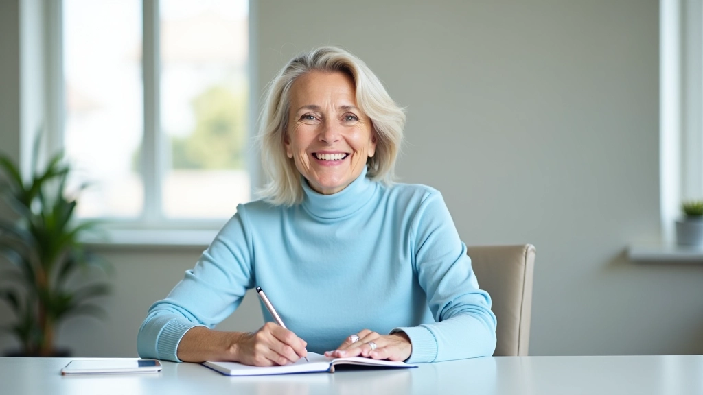 Mature professional at modern desk in bright office space, thoughtful expression, morning light through windows