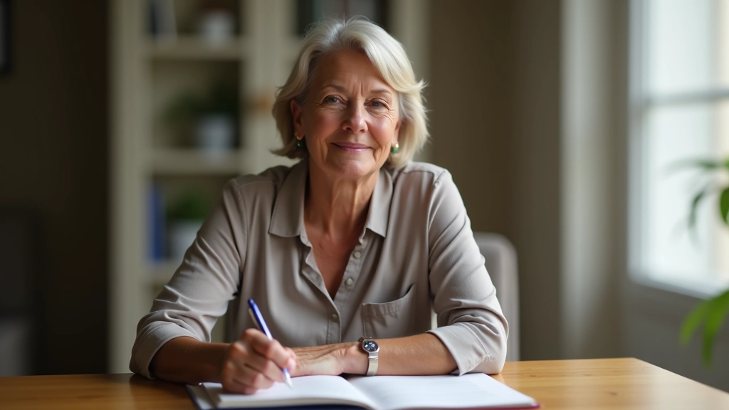 Woman writing in journal at wooden table with coffee and plants, bright natural window light, focused concentration, calm workspace