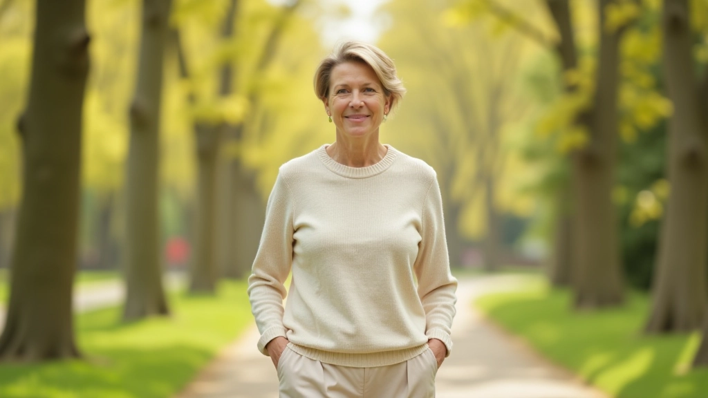 Two people aged 50s walking together in park, conversing, spring trees in background, warm afternoon light