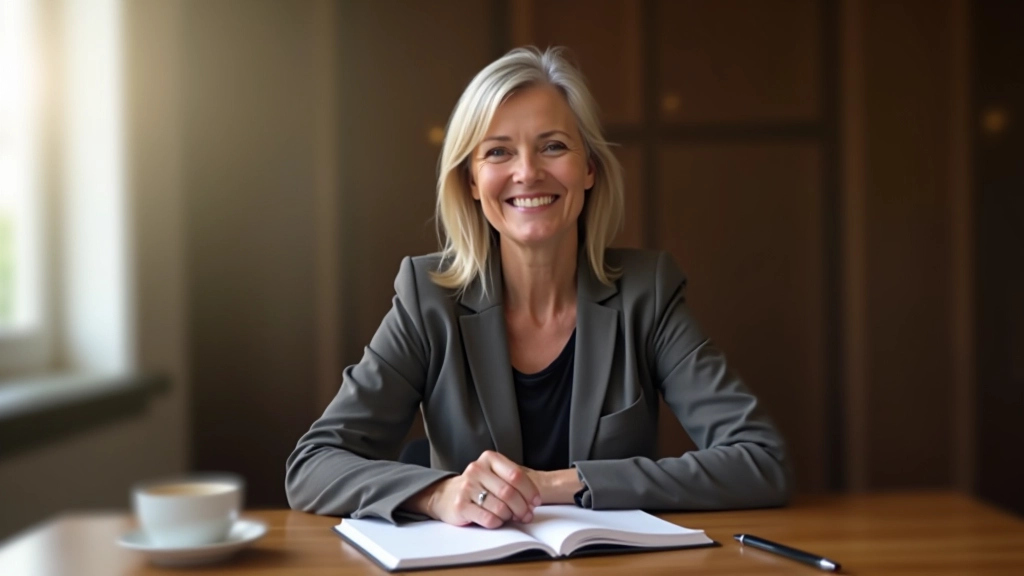 Woman aged 50s sitting at wooden desk with notebook and coffee, natural light from window, contemplative expression