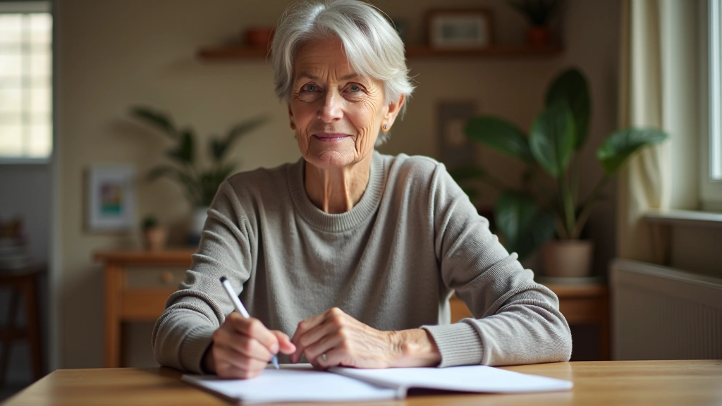 Woman aged 50 sitting at wooden table with notebook and pen, writing reflectively, natural window light, warm home office setting, focused expression