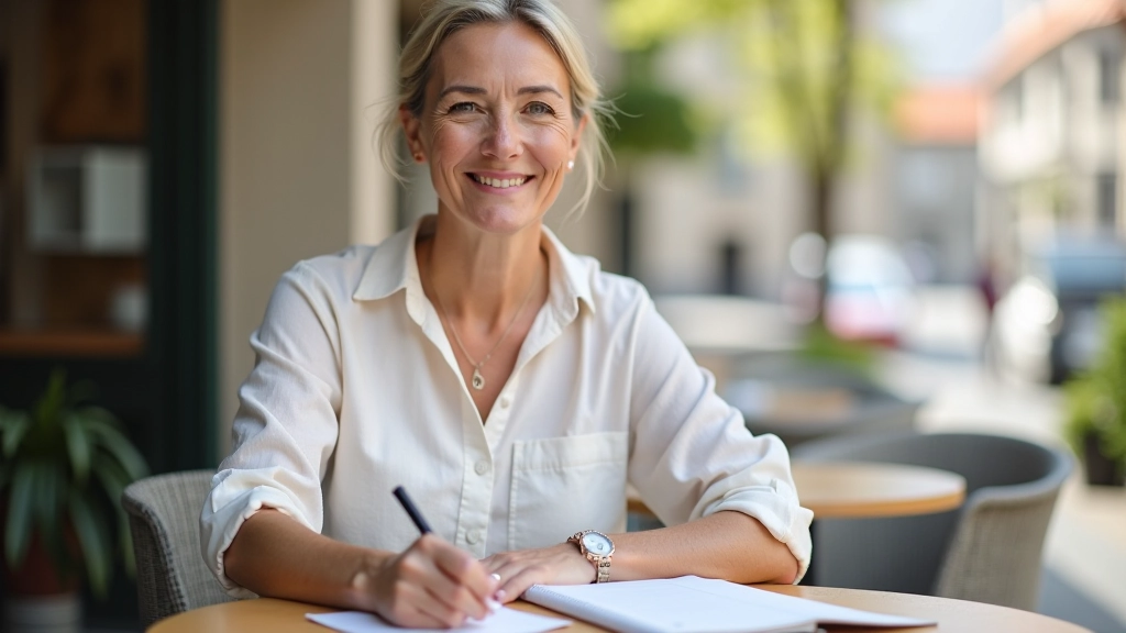 Woman with notebook and coffee outdoors at café table, planning and brainstorming, urban background