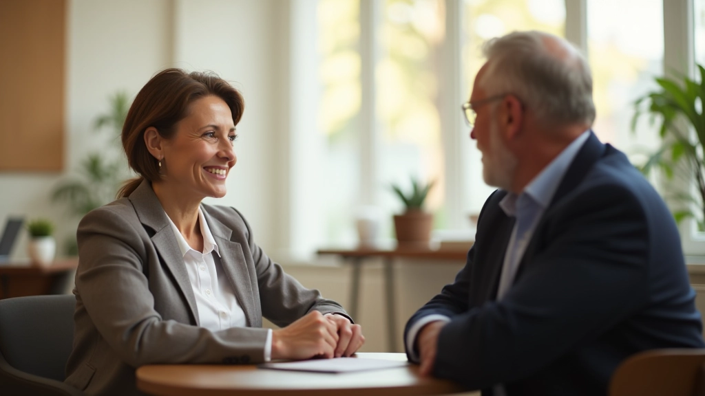 Two professionals in discussion over coffee at modern office table, warm lighting, collaborative conversation
