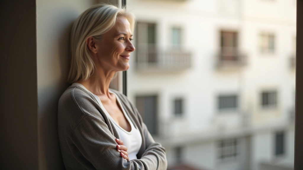Woman aged 55 in warm casual clothing, confident expression, natural outdoor light, peaceful setting