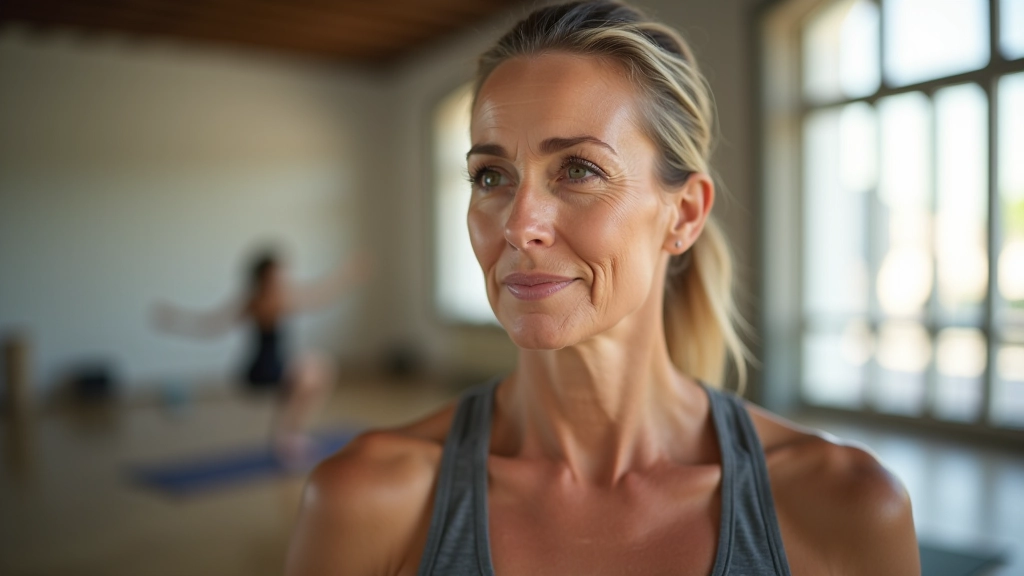 Active older adult at fitness class, energetic pose, studio setting with instructor, engaged and focused